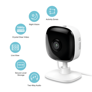 A tp link kasa spot KC105 smart security camera next to its features icons