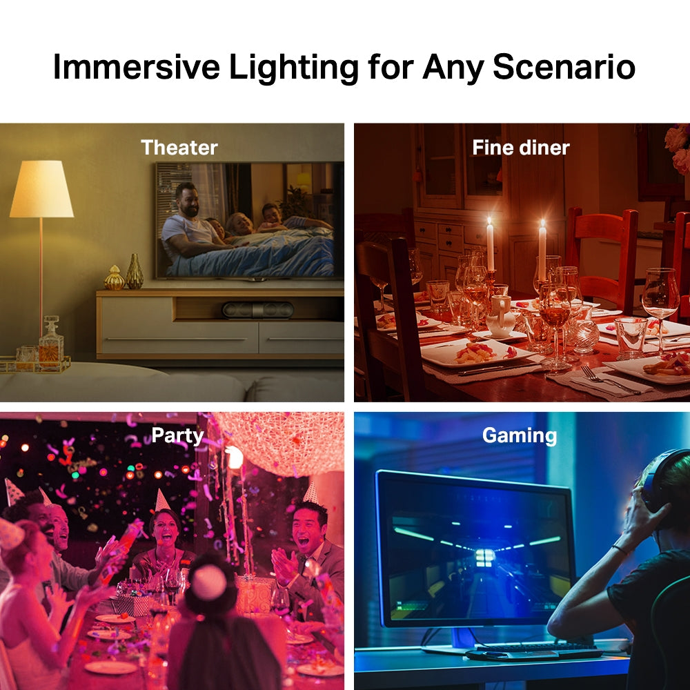 caption reads, immersive lighting for any scenario.  4 scenes named, Theatre, Fine diner, party, Gaming
