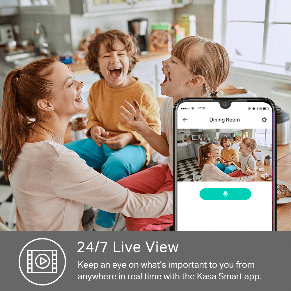 3 people laughing and a mobile phone showing the scene through the mobile app