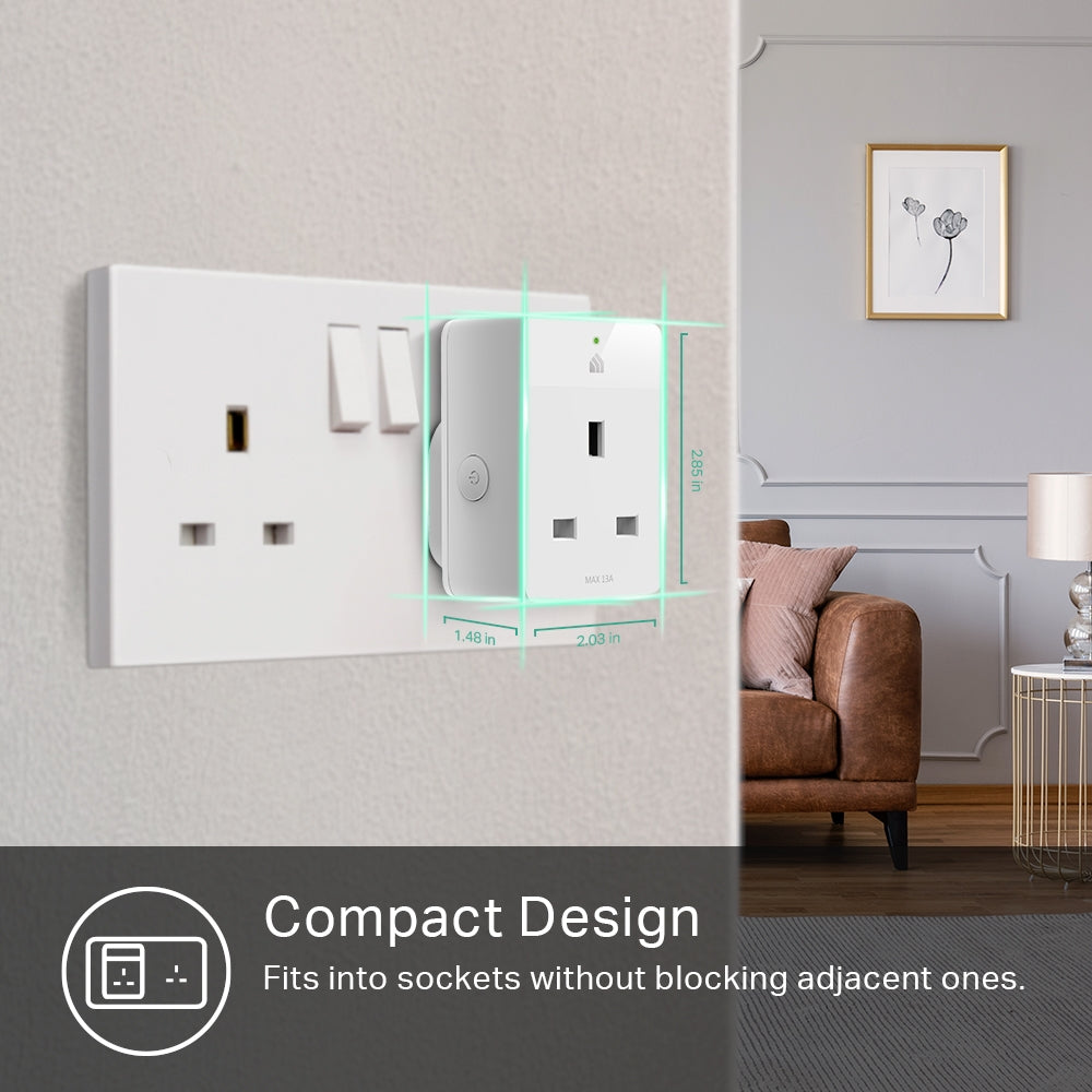 a uk wall socket and a tp link kasa KP105 smart plug plugged into it