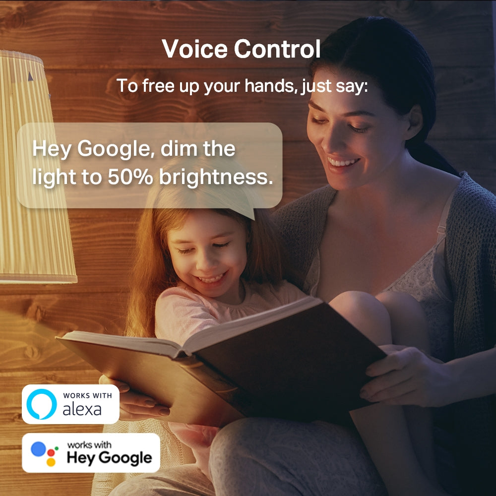 a woman and child reading a book issuing a voice command which reads, Hey google, dim the light to 50% brightness