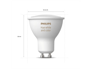 A Philips Hue GU10 Bulb shown with its dimensions for height and width