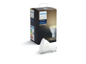 a philips hue gu10 white ambient smart spotlight and its packaging