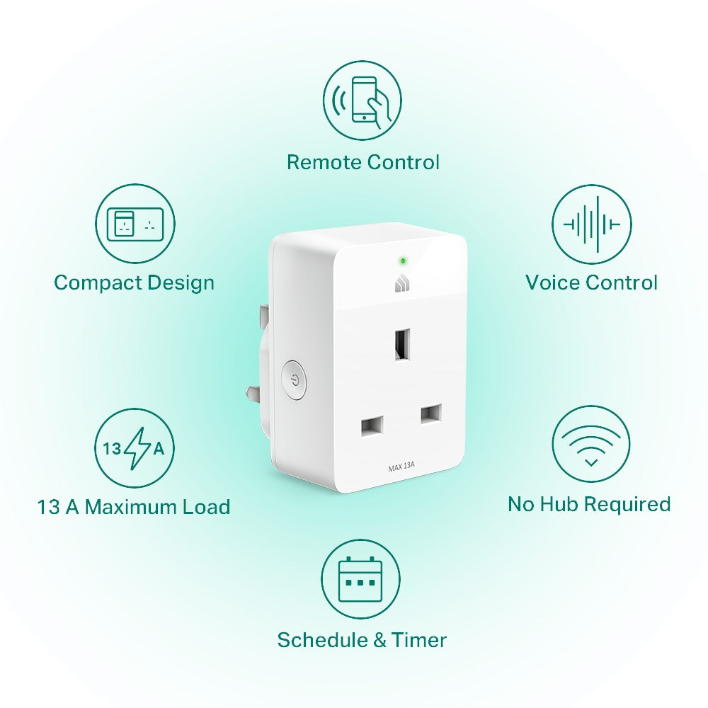 a tp link kasa kp105 smart uk plug surrounded by its features icons