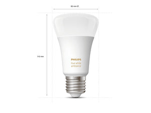 a philips hue smart light bulb b22 fitting with its measurements for height and width