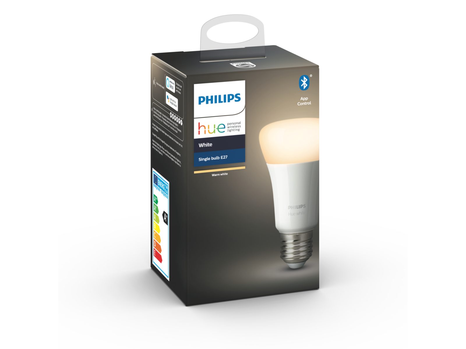 a philips hue smart light bulb white light, e27 fitting in its packaging