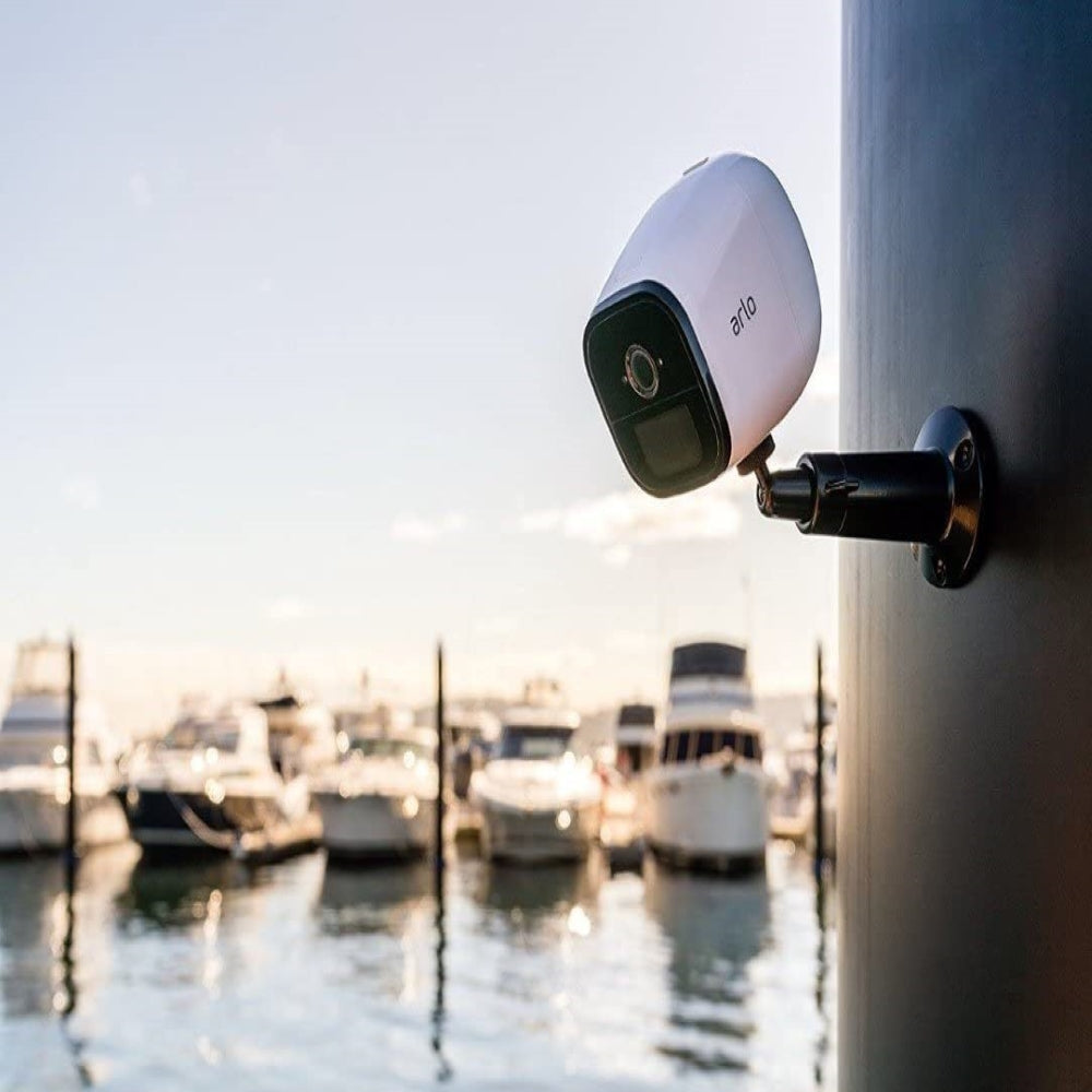 A camera mounted on a post at a marina 
