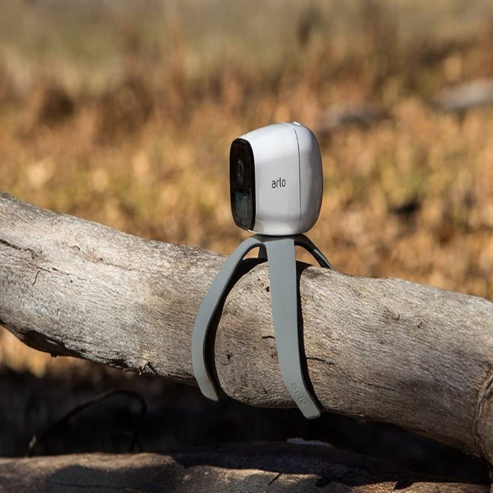 An Arlo go mobile camera strapped to a fallen tree 