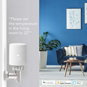 a tado smart thermostatic radiator valve and a blue living room and the captions of a voice command reading, please set the temperature in the living room to 22 degrees.