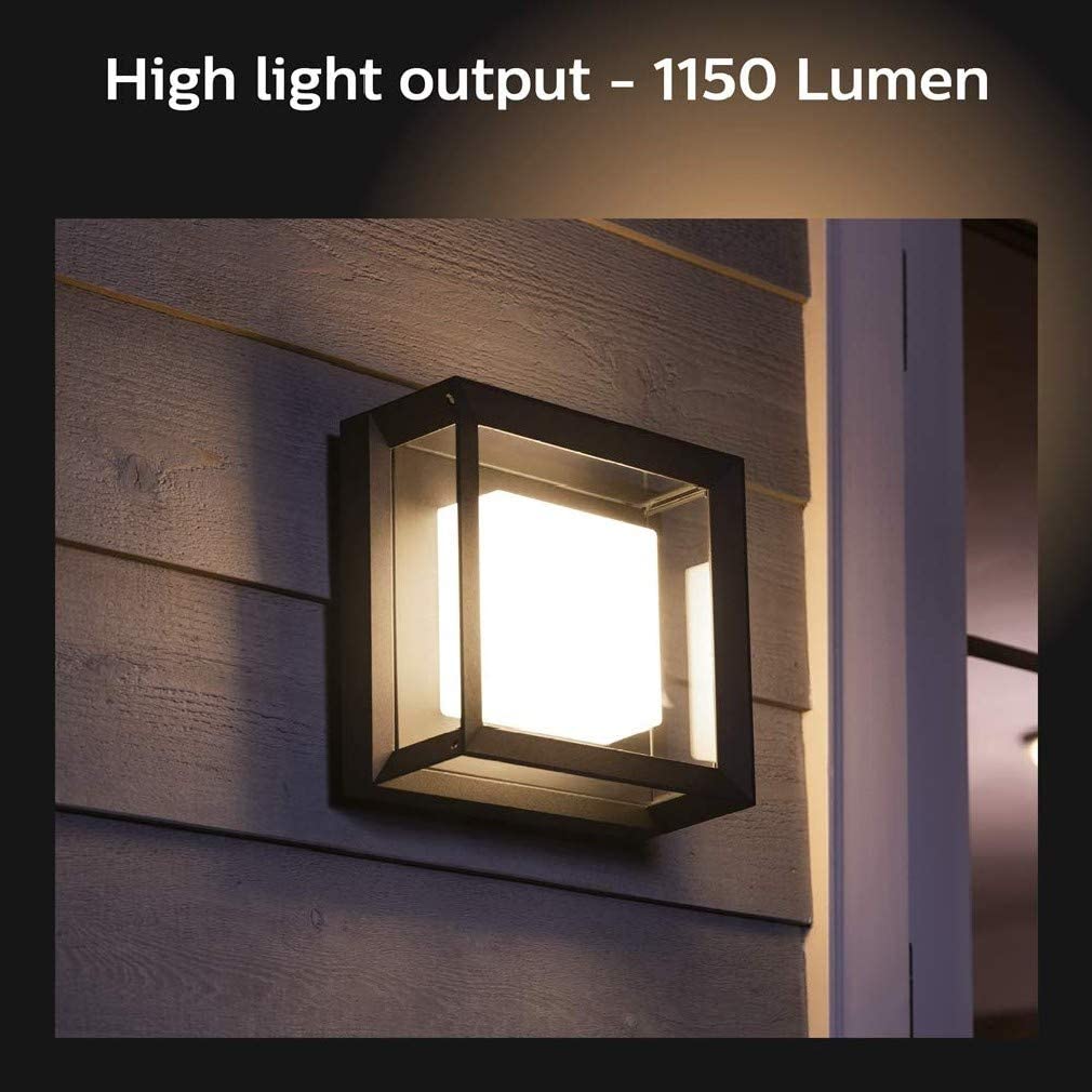 philips hue econic style smart light attached to wooden wall - caption reads,  high light output - 1150 Lumen