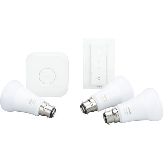 a philips hue starter kit containing 3 colour B22 fitting bulbs a philips hue hub and hue dimmer switch