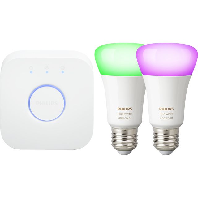 2 philips hue e27 smart colour lightbulbs.  one with a green light and one with a purple light next to a philips hue hub