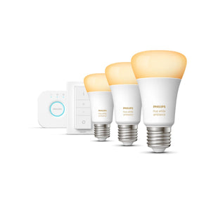 A philips hue starter kit 3 light bulbs, a dimmer switch and a hue hub 