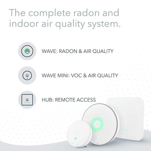 an airthings house kit showing the airthings hub, radon sensor, wave mini.  The caption reads, the complete radon and indoor air quality system