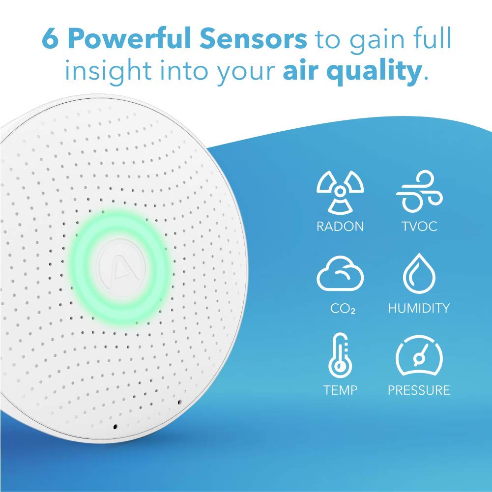 an Airthings Wave Plus Air Quality Sensor next to icons depicting the 6 sensors this product has . the caption reads, 6 powerful sensors to gain full insight into your air quality