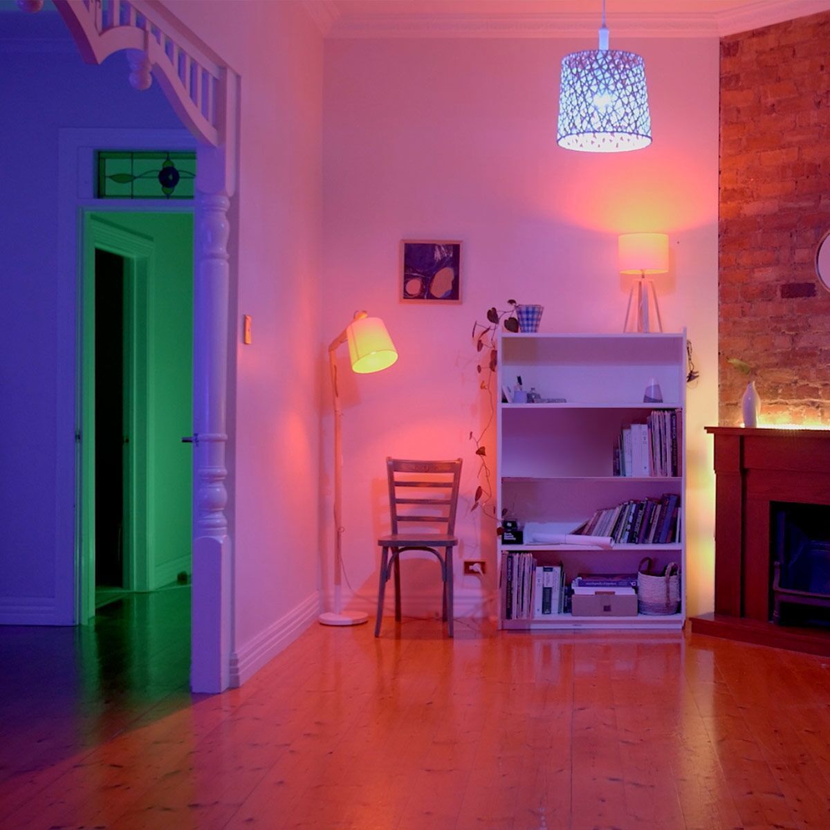 interior of a house with blue, green and orange lights