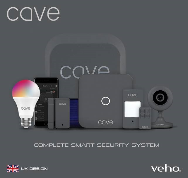 a collection of the veho cave system smart devices on a grey background