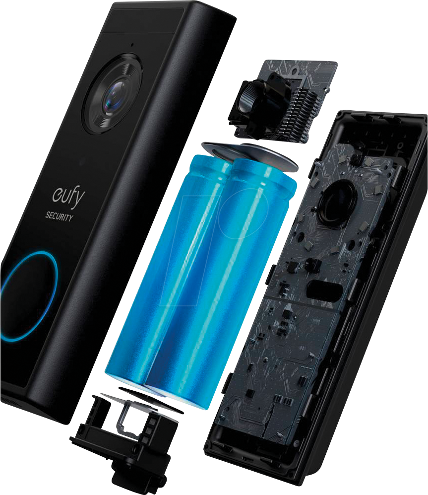 the eufy smart video doorbell, deconstructed in layers.  showing internal components and batteries