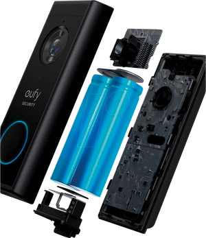 the eufy smart video doorbell, deconstructed in layers.  showing internal components and batteries