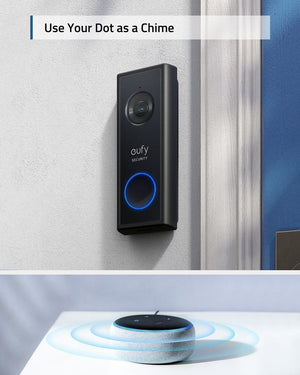 eufy slim smart video doorbell and an amazon echo dot smart speaker.  caption reads, use your dot as a chime