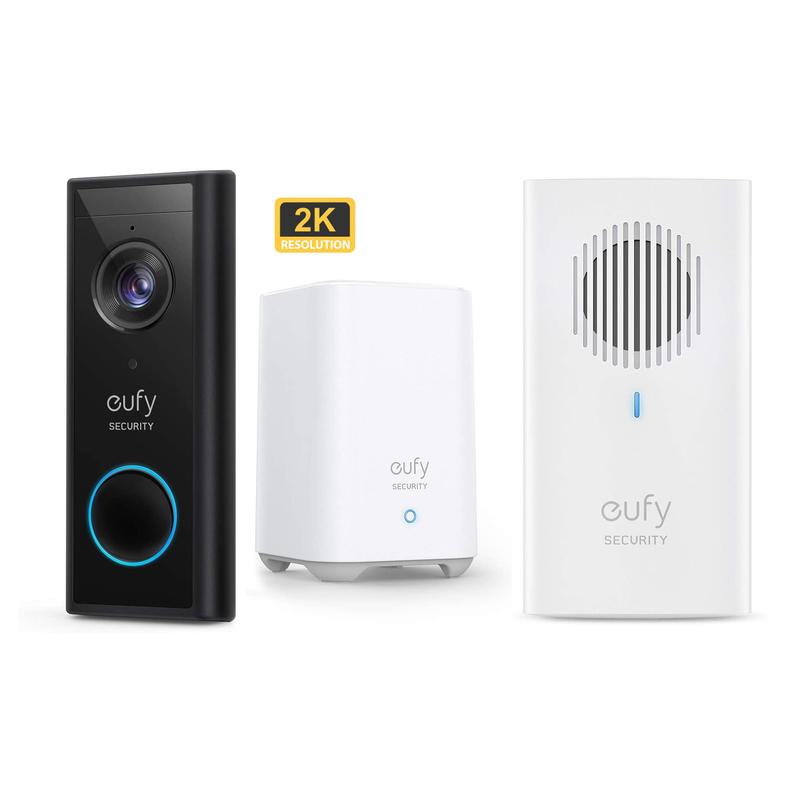 a eufy add on doorbell chime main unit, the smart video doorbell and the homebase 2 base station hub
