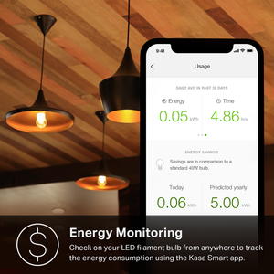 3 lamps and a mobile phone showing the kasa apps energy monitoring function