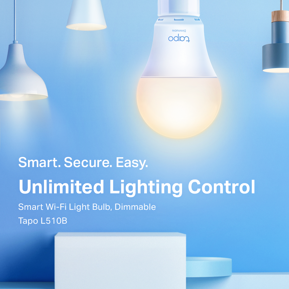 4 lamps on a blue background and the caption reading, smart, secure, easy. and, Unlimited lighting control