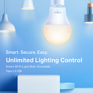 a blue graphic of a tp link tapo l510E lightbulb and text reading, smart, secure, easy.  Unlimited lighting control