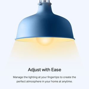 a blue lamp shade with a white light and the caption reading , Adjust with ease