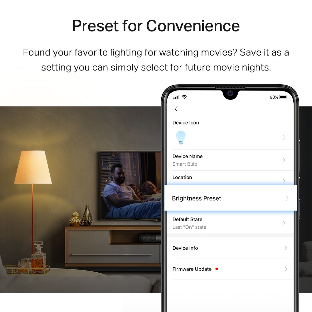 a room with a lamp and a mobile phone showing the tapo app using the brightness preset feature