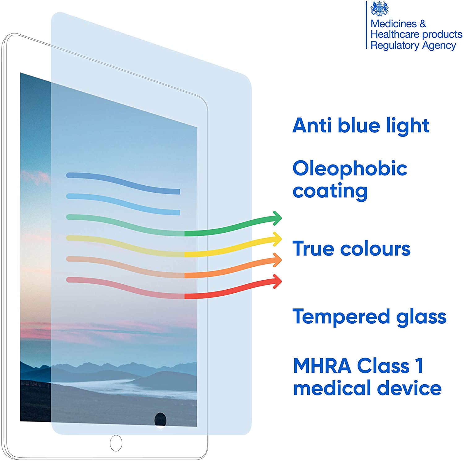 ocushield blue light filter screen cover over the screen of a laptop and the British Governments' MHRA department logo.  a list of the products features