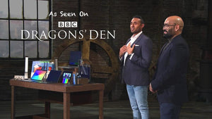 the two founders of ocushield and a table full of ocushield products presenting their business on BBC1's Dragons Den program