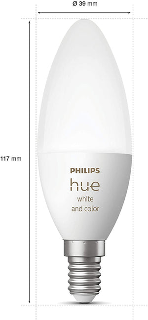 A philips hue E14 candle shaped smart light bulb shown with its dimensions for height and width
