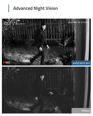 man walking up a garden path as a split screen image showing the enhanced night vision of the eufycam 2 pro