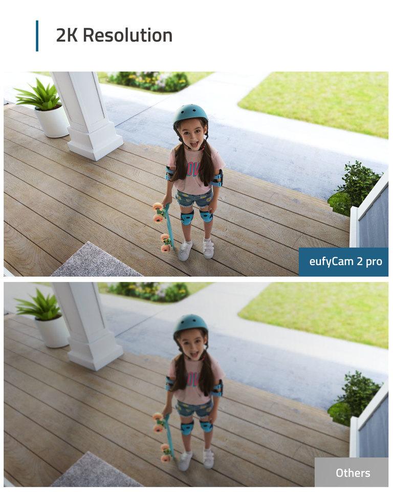 a child standing on a porch from the viewpoint of the camera.  a split screen demonstration of the higher quality image from eufycam 2 pro