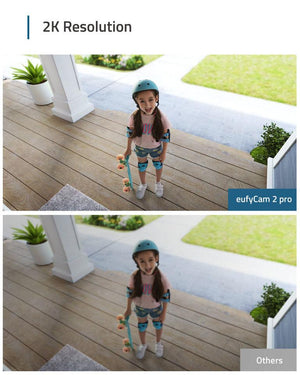 a child standing on a porch from the viewpoint of the camera.  a split screen demonstration of the higher quality image from eufycam 2 pro