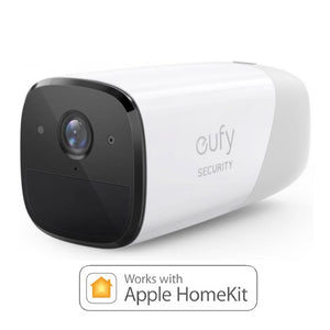 A Eufy EufyCam 2 Pro smart video camera with the works with Apple HomeKit logo at the bottom