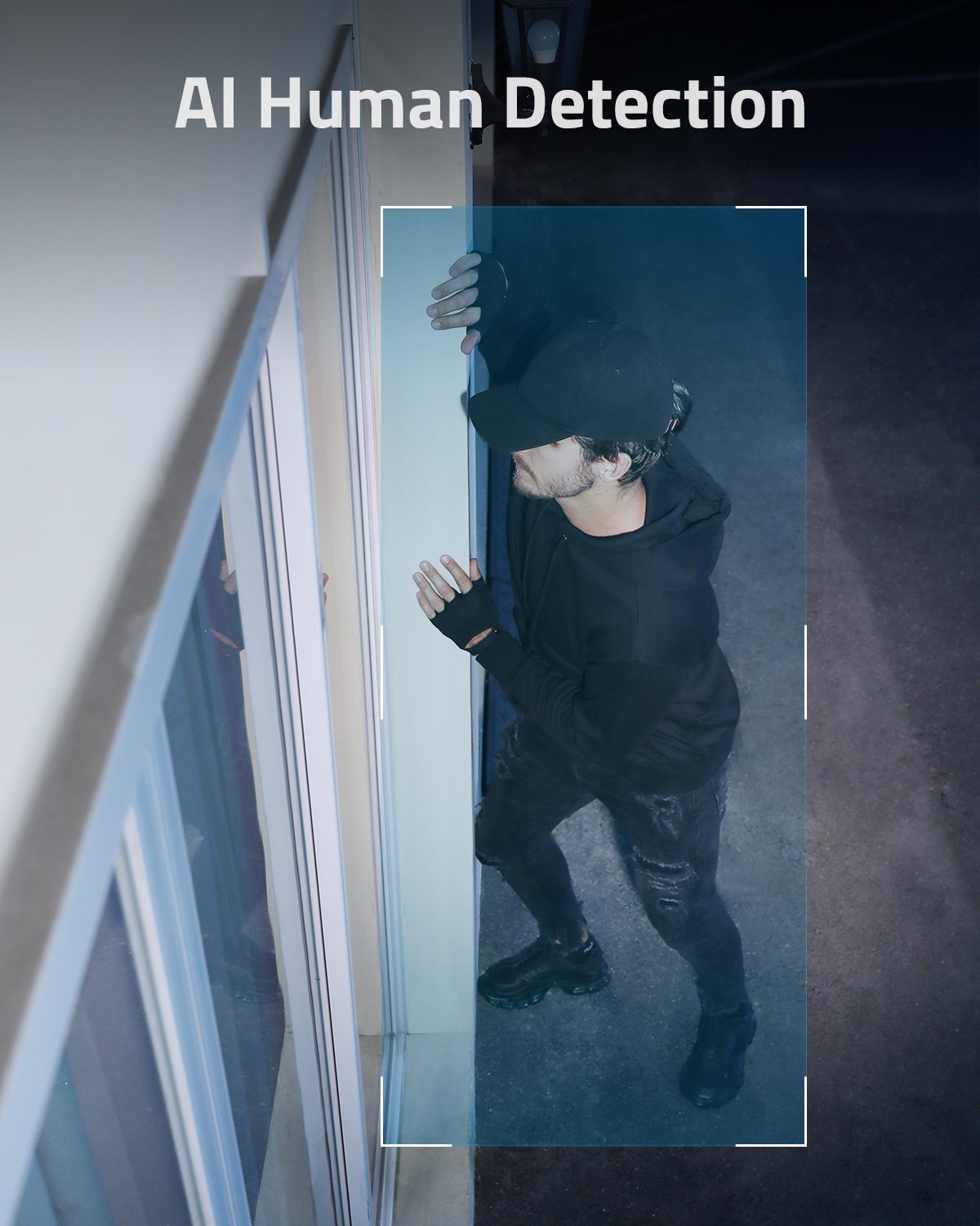 a person trying to break into a home.  the caption reads, AI human detection
