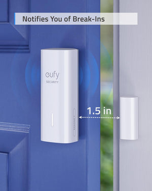 a eufy security entry sensor  mounted on a slightly open door.  the caption reads, notifies you of break ins