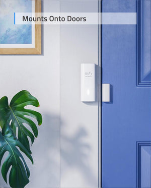 a eufy security entry sensor mounted on a door.  the caption reads, mounts on to doors