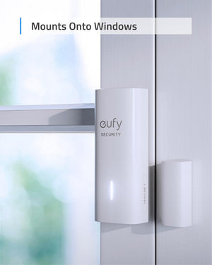 a eufy security entry sensor  mounted to a window.  the caption reads, mounts on to windows