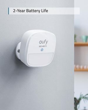 a eufy smart motion sensor mounted on a wall.  the caption reads, 2 year battery life