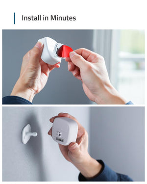 split image. one of hands peeling the sticking tape backing from the wall mount and the second a hand attaching the sensor to the wall mount.  the caption reads, install in minutes