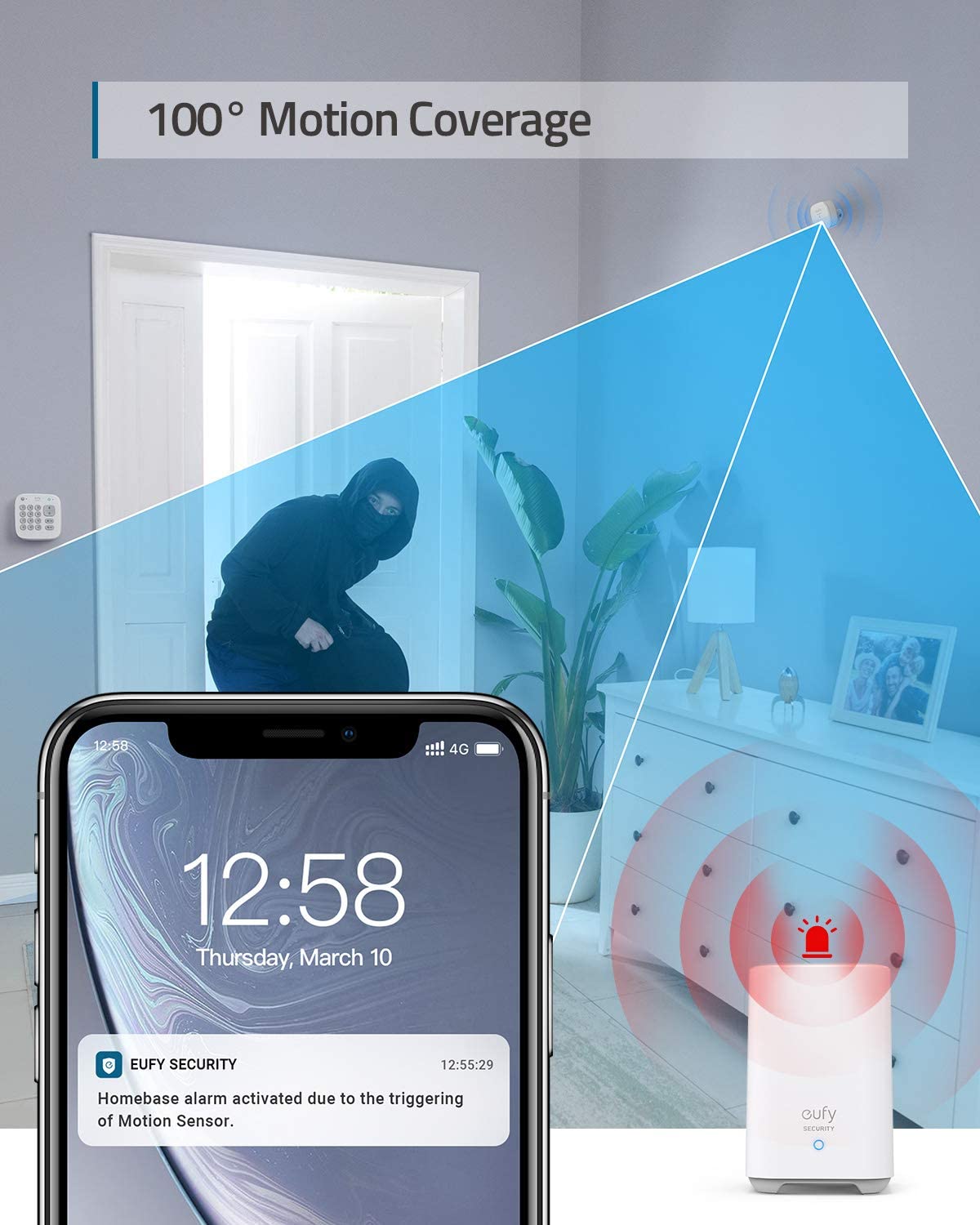 a person setting off an alert on a mobile phone after triggering the motion sensor. the caption reads, 100 degree motion coverage