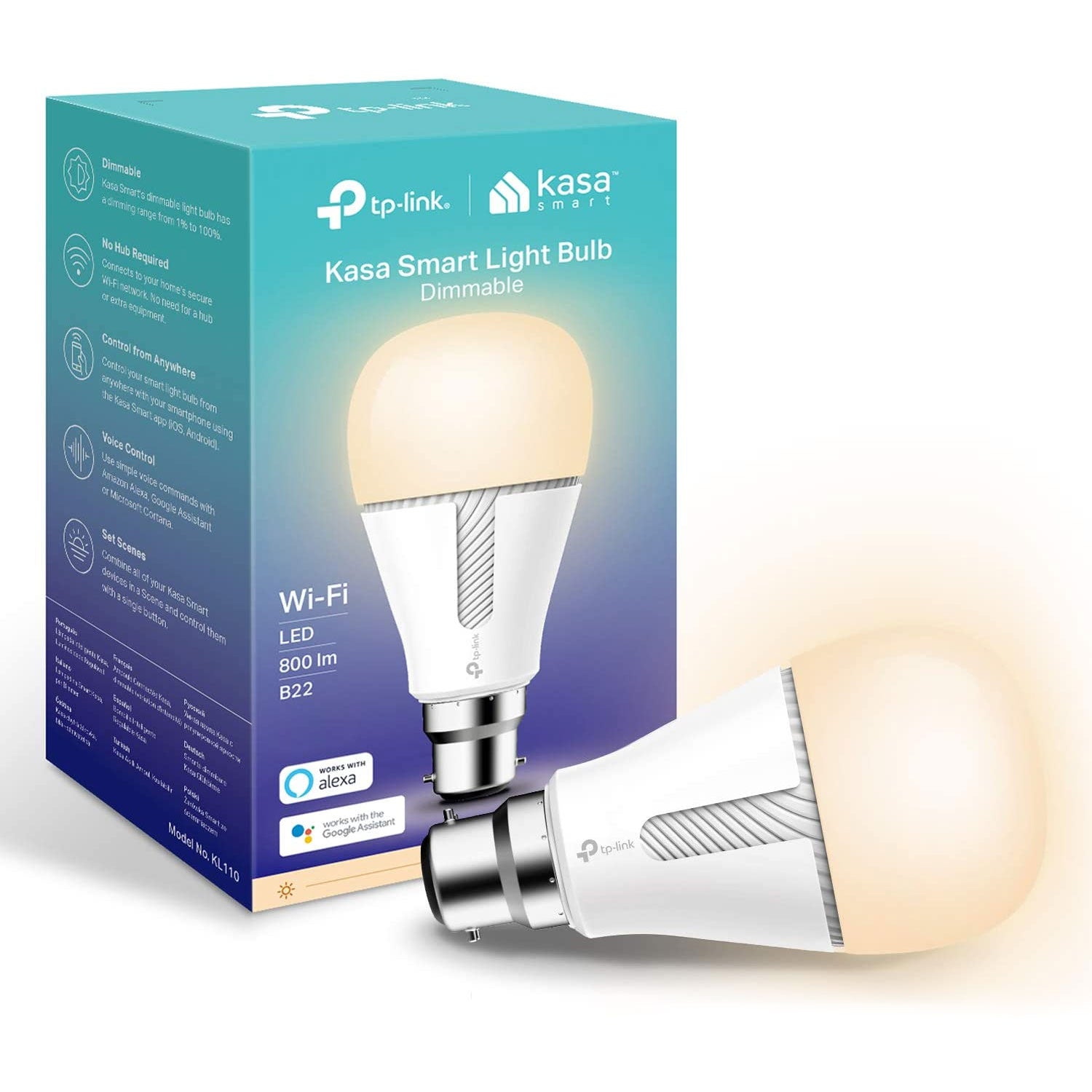 a tp link kasa kl110b smart light bulb and its packaging