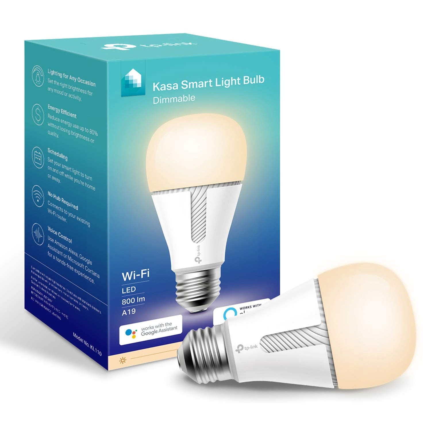 a tp link kasa kl110 smart light bulb with its packaging