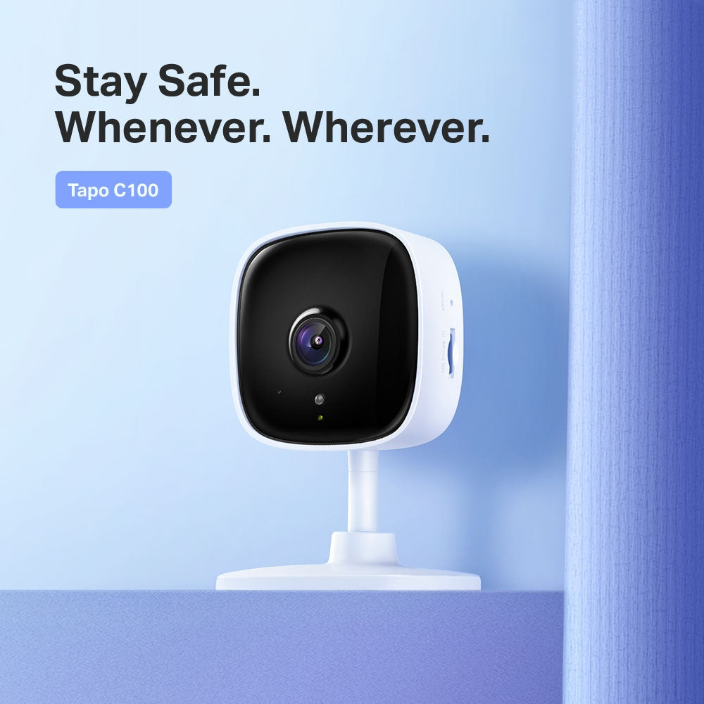 a tp link tapo c100 smart security camera with a caption which reads, Stay safe. Whenever. Wherever