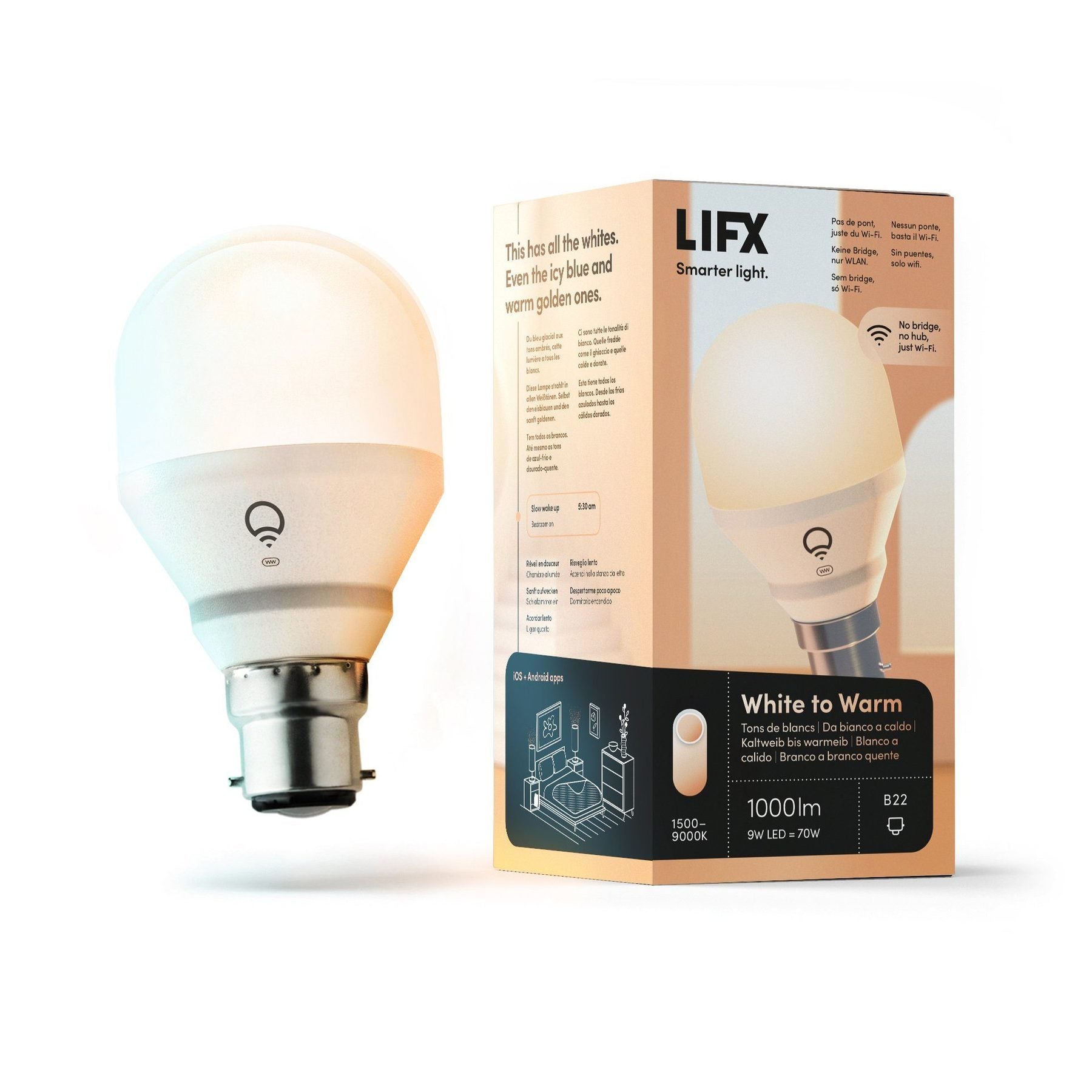 LIFX Mini light bulb next to its packaging