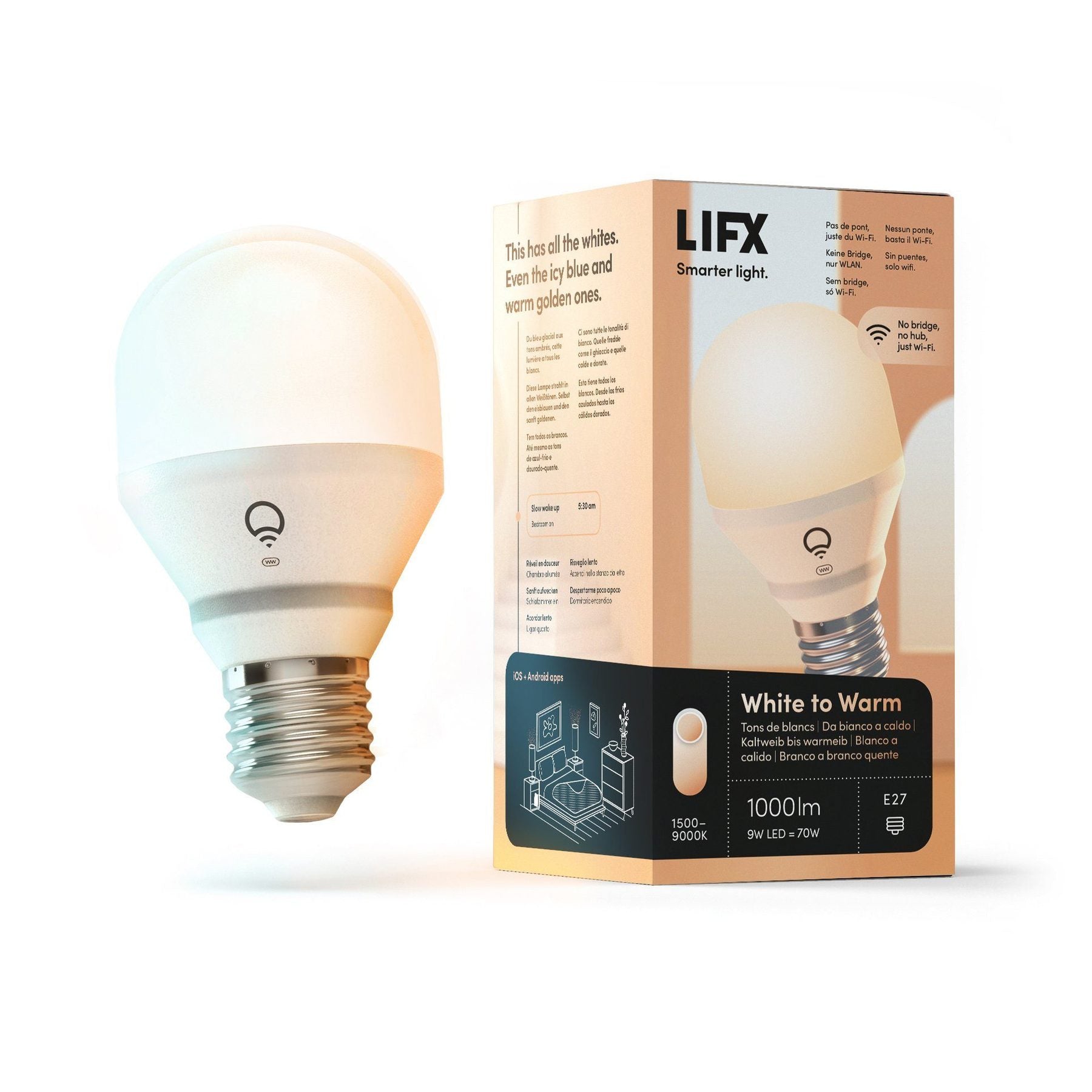 LIFX Mini light bulb next to its packaging