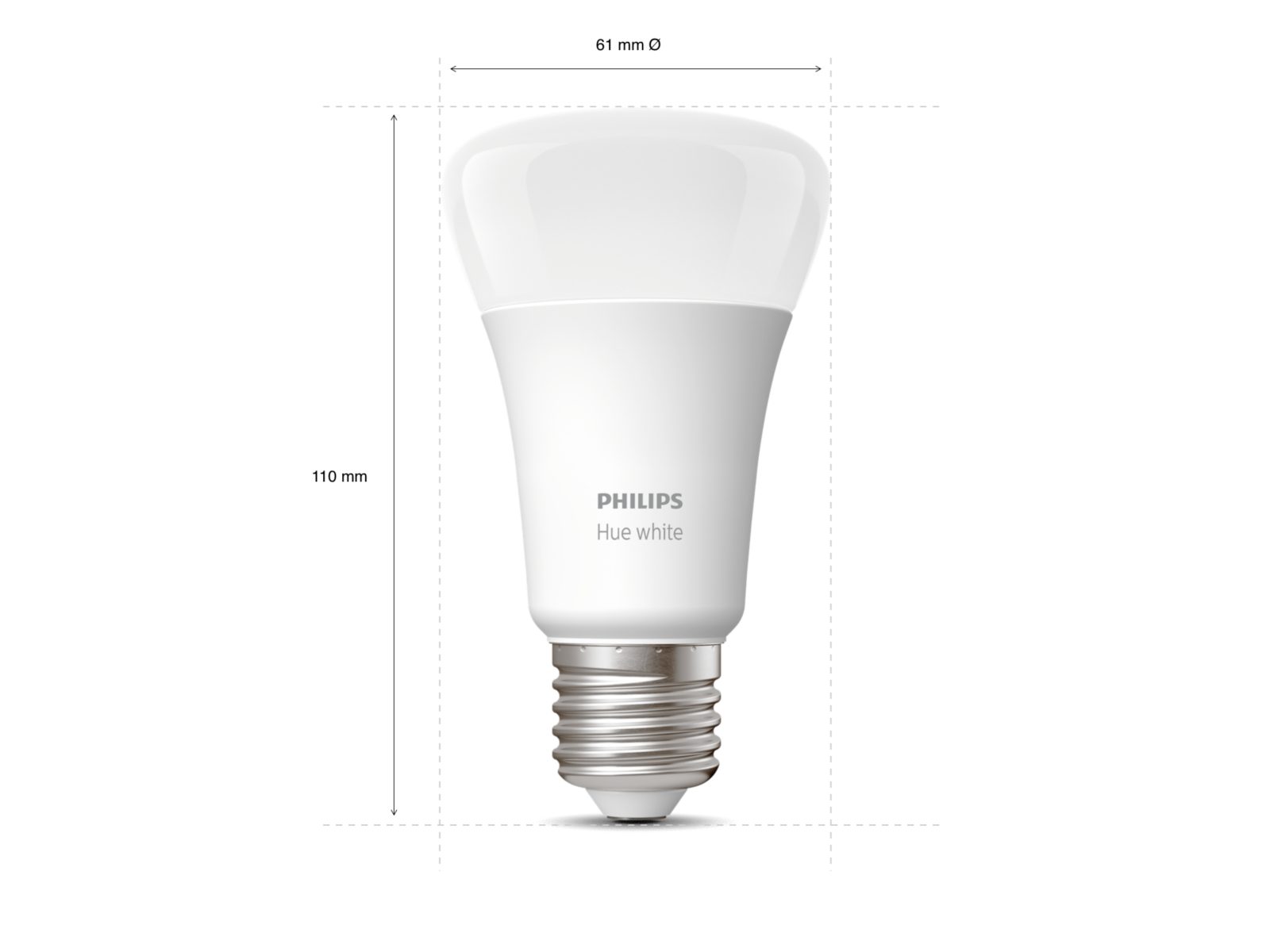 A philips hue E27 white ambient smart light bulb shown with its dimensions for height and width